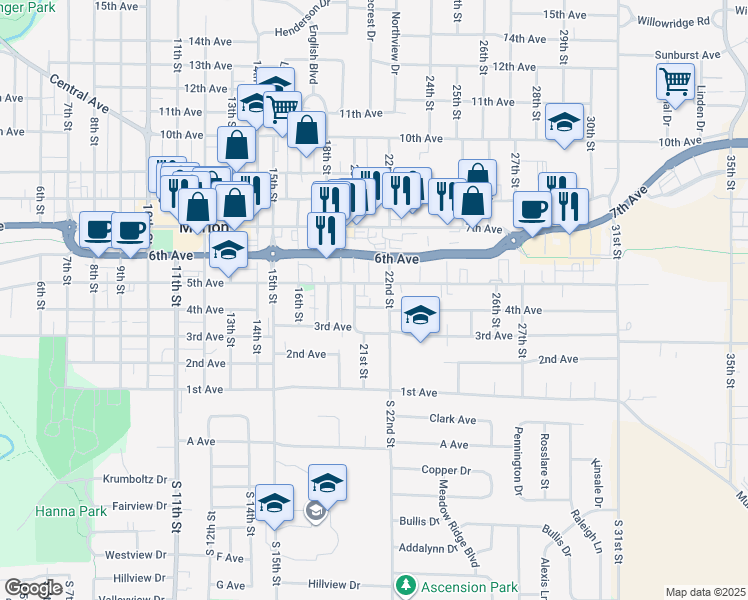 map of restaurants, bars, coffee shops, grocery stores, and more near 2076 5th Avenue in Marion