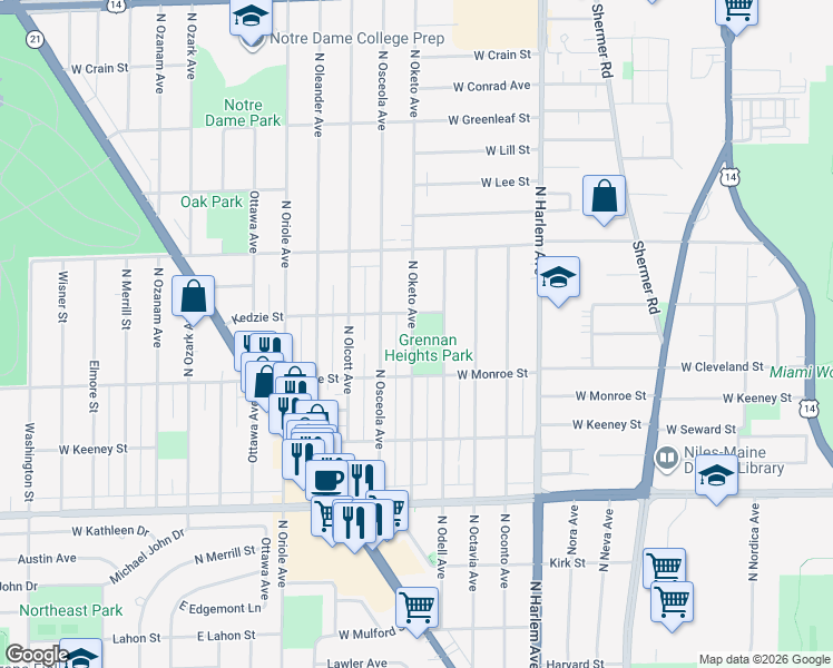 map of restaurants, bars, coffee shops, grocery stores, and more near 8256 North Oketo Avenue in Niles