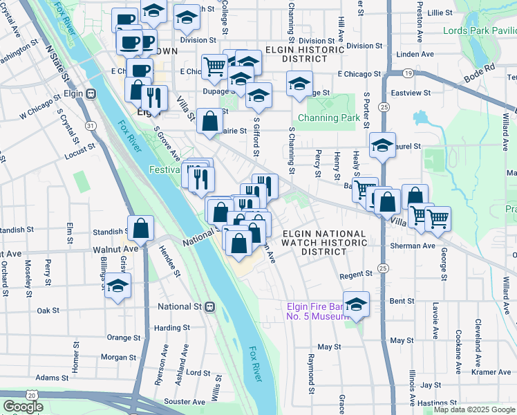 map of restaurants, bars, coffee shops, grocery stores, and more near East National Street in Elgin