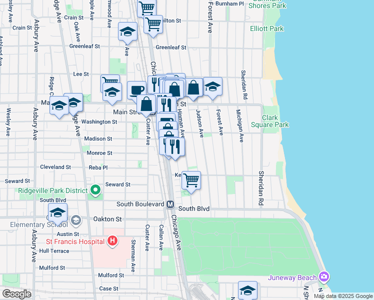 map of restaurants, bars, coffee shops, grocery stores, and more near 735 1/2 Hinman Avenue in Evanston