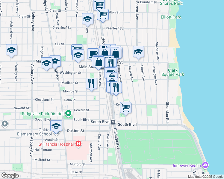 map of restaurants, bars, coffee shops, grocery stores, and more near in Evanston