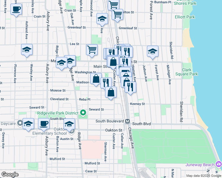 map of restaurants, bars, coffee shops, grocery stores, and more near 710 Madison Street in Evanston