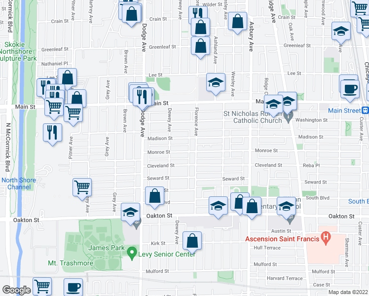 map of restaurants, bars, coffee shops, grocery stores, and more near 1626 Madison Street in Evanston
