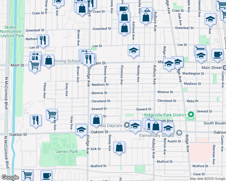 map of restaurants, bars, coffee shops, grocery stores, and more near 1626 Madison Street in Evanston