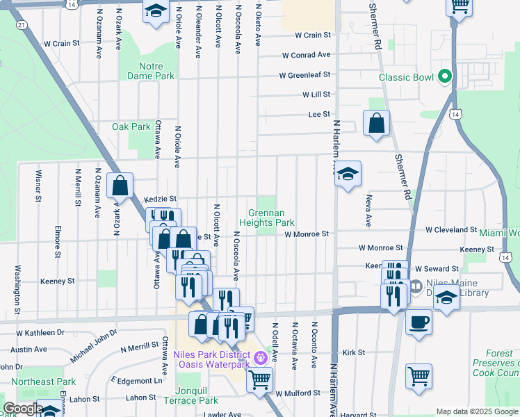 map of restaurants, bars, coffee shops, grocery stores, and more near 8256 North Oketo Avenue in Niles