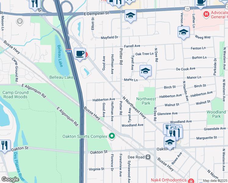 map of restaurants, bars, coffee shops, grocery stores, and more near 1327 North Northwest Highway in Park Ridge