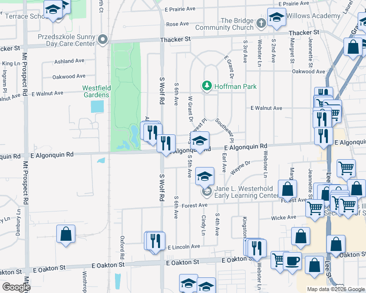 map of restaurants, bars, coffee shops, grocery stores, and more near 671 Walnut Court in Des Plaines