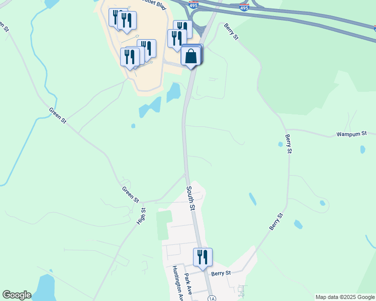 map of restaurants, bars, coffee shops, grocery stores, and more near 1225 South Street in Wrentham