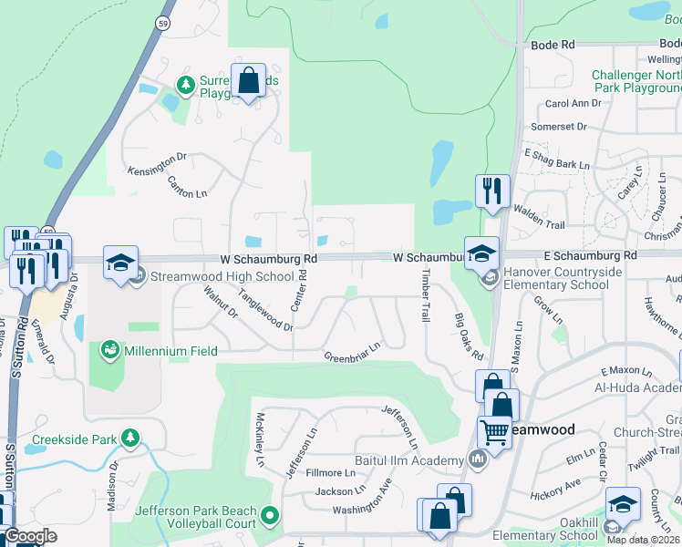 map of restaurants, bars, coffee shops, grocery stores, and more near 2 Moraine Court in Streamwood