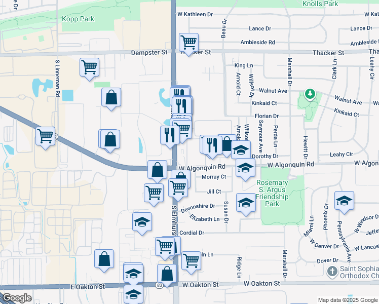 map of restaurants, bars, coffee shops, grocery stores, and more near 730 West Algonquin Road in Des Plaines