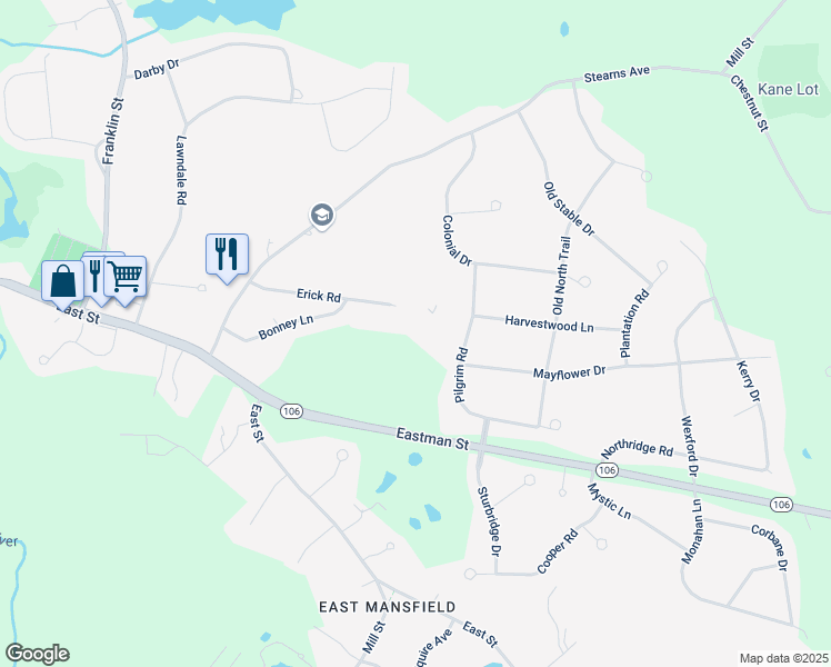 map of restaurants, bars, coffee shops, grocery stores, and more near 21 Erick Road in Mansfield