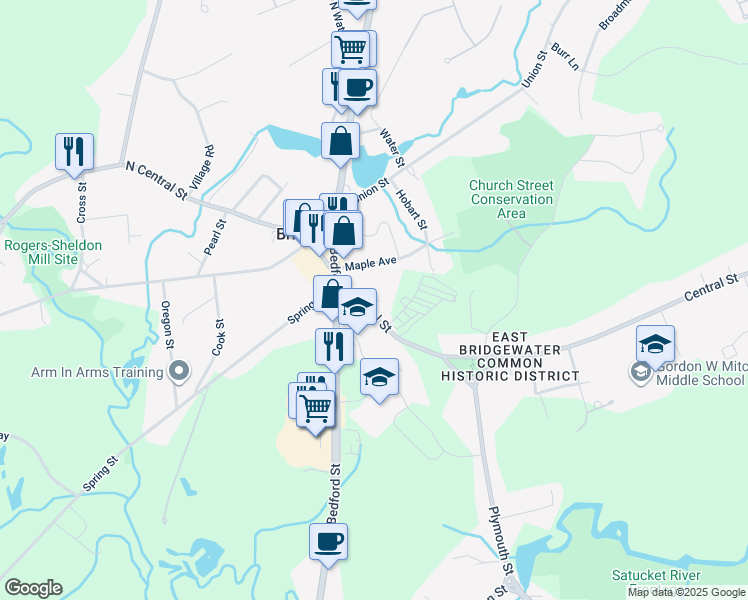 map of restaurants, bars, coffee shops, grocery stores, and more near 90 Central Street in East Bridgewater