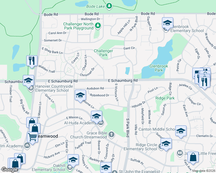 map of restaurants, bars, coffee shops, grocery stores, and more near 510 Audubon Road in Streamwood