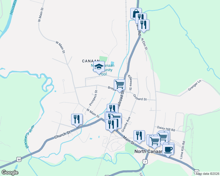 map of restaurants, bars, coffee shops, grocery stores, and more near 54 Bragg Street in Canaan