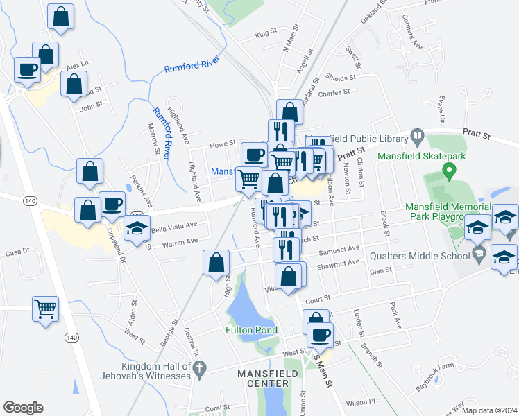 map of restaurants, bars, coffee shops, grocery stores, and more near 4 Old Colony Road in Mansfield