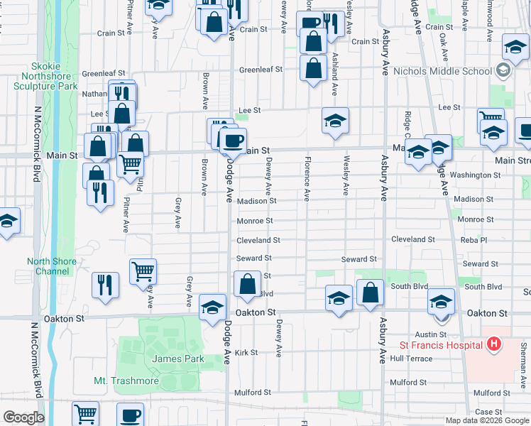 map of restaurants, bars, coffee shops, grocery stores, and more near 1722 Madison Street in Evanston