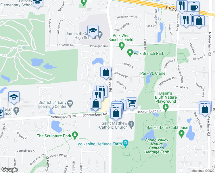 map of restaurants, bars, coffee shops, grocery stores, and more near 737 Sunfish Point in Schaumburg