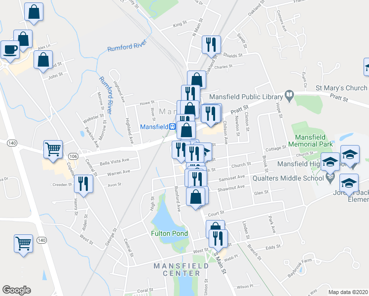 map of restaurants, bars, coffee shops, grocery stores, and more near 325 North Main Street in Mansfield
