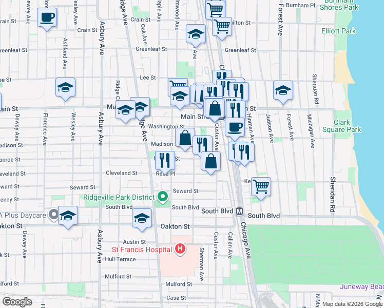 map of restaurants, bars, coffee shops, grocery stores, and more near 802 Madison Street in Evanston
