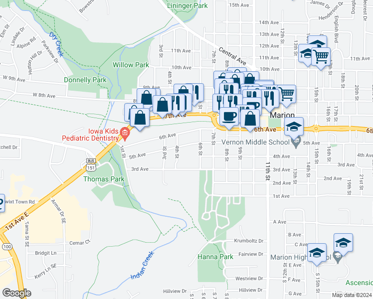 map of restaurants, bars, coffee shops, grocery stores, and more near 480 5th Avenue in Marion