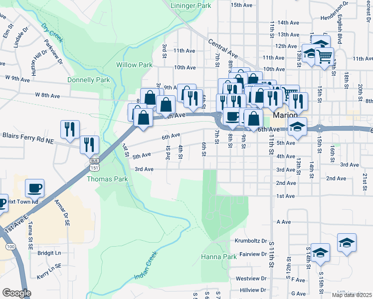 map of restaurants, bars, coffee shops, grocery stores, and more near 480 5th Avenue in Marion