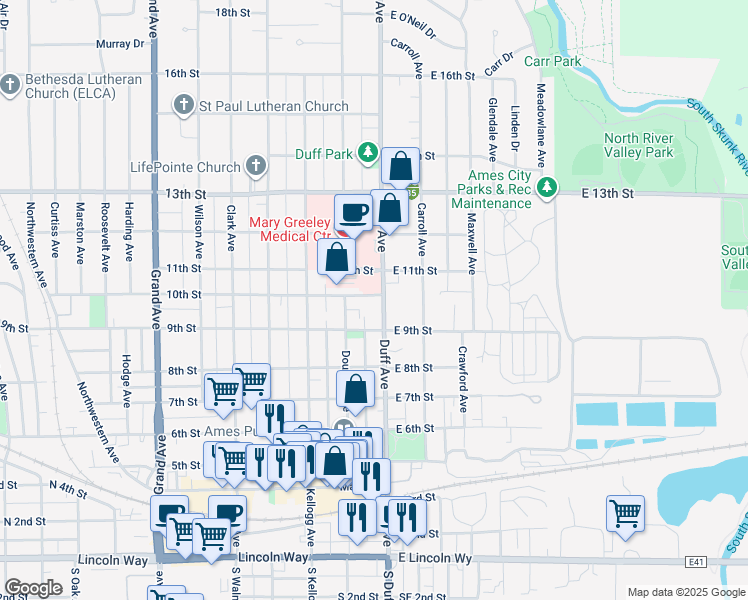 map of restaurants, bars, coffee shops, grocery stores, and more near 1008 Duff Avenue in Ames