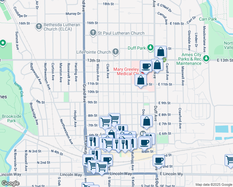 map of restaurants, bars, coffee shops, grocery stores, and more near 417 10th Street in Ames
