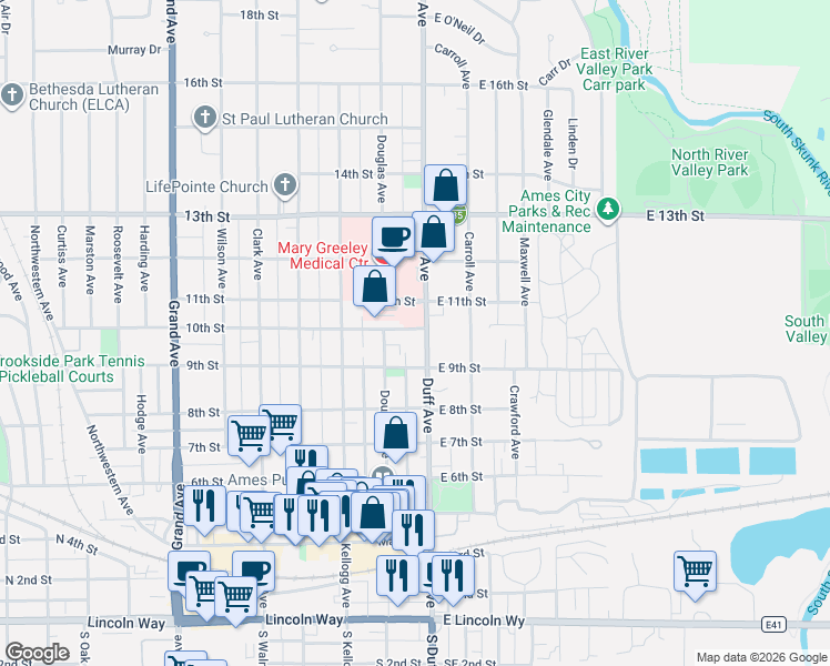 map of restaurants, bars, coffee shops, grocery stores, and more near 921 Duff Avenue in Ames