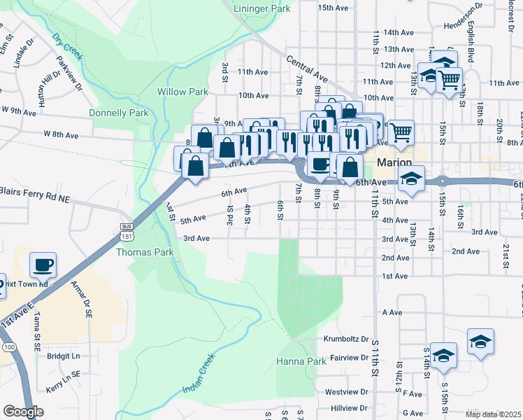 map of restaurants, bars, coffee shops, grocery stores, and more near 480 5th Avenue in Marion