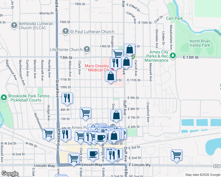 map of restaurants, bars, coffee shops, grocery stores, and more near 1002 Douglas Avenue in Ames