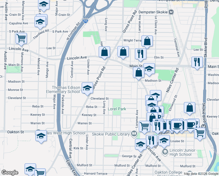 map of restaurants, bars, coffee shops, grocery stores, and more near 5401 Madison Street in Morton Grove