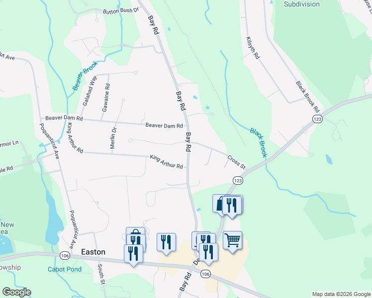 map of restaurants, bars, coffee shops, grocery stores, and more near 341 Bay Road in Easton