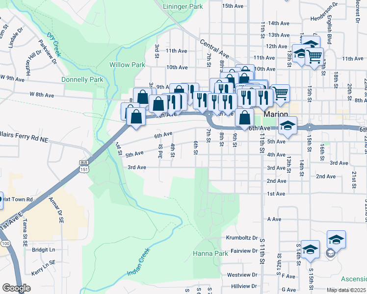 map of restaurants, bars, coffee shops, grocery stores, and more near 480 5th Avenue in Marion
