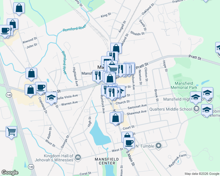 map of restaurants, bars, coffee shops, grocery stores, and more near 325 North Main Street in Mansfield
