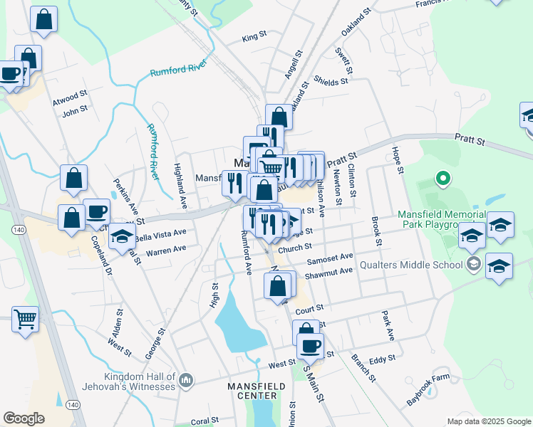 map of restaurants, bars, coffee shops, grocery stores, and more near 304 North Main Street in Mansfield