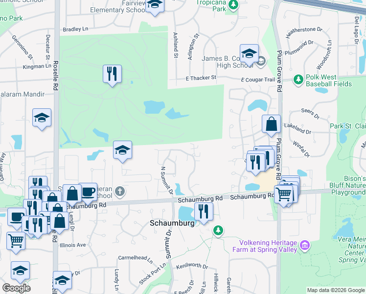 map of restaurants, bars, coffee shops, grocery stores, and more near 211 Bright Ridge Drive in Schaumburg