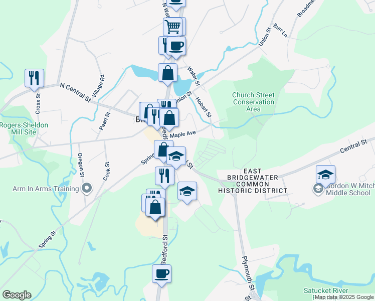 map of restaurants, bars, coffee shops, grocery stores, and more near 90 Central Street in East Bridgewater