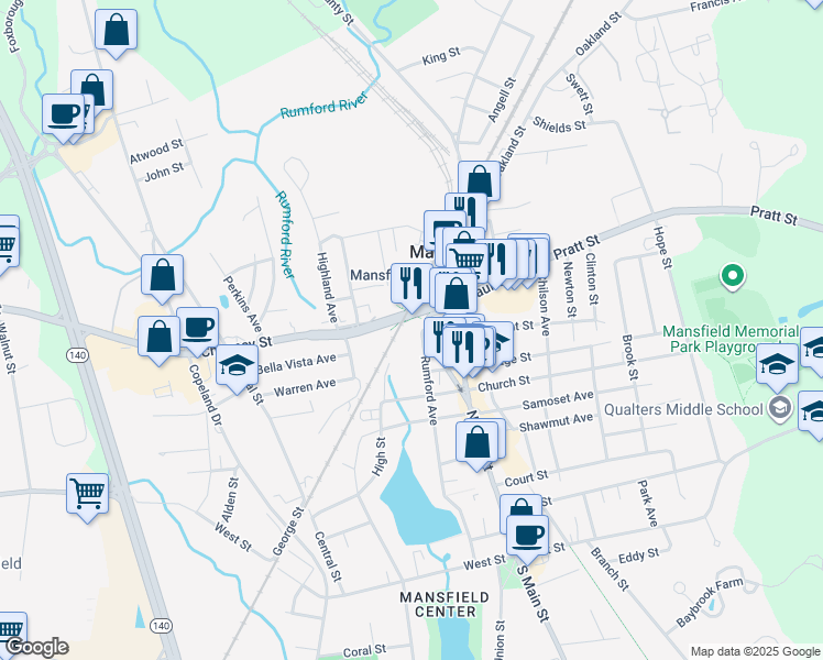 map of restaurants, bars, coffee shops, grocery stores, and more near 214 Rumford Avenue in Mansfield
