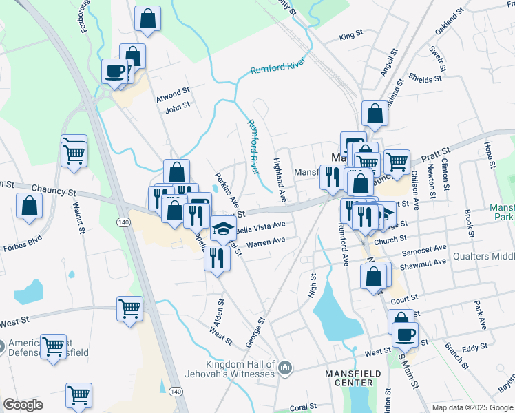 map of restaurants, bars, coffee shops, grocery stores, and more near 123 Chauncy Street in Mansfield