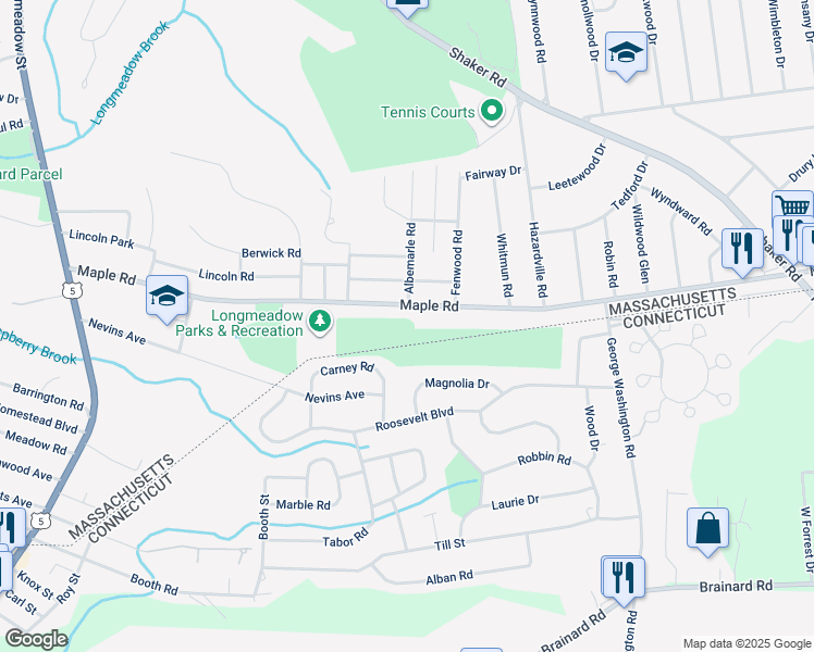 map of restaurants, bars, coffee shops, grocery stores, and more near 371 Maple Road in Longmeadow