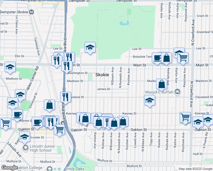 map of restaurants, bars, coffee shops, grocery stores, and more near 4525 Madison Street in Skokie