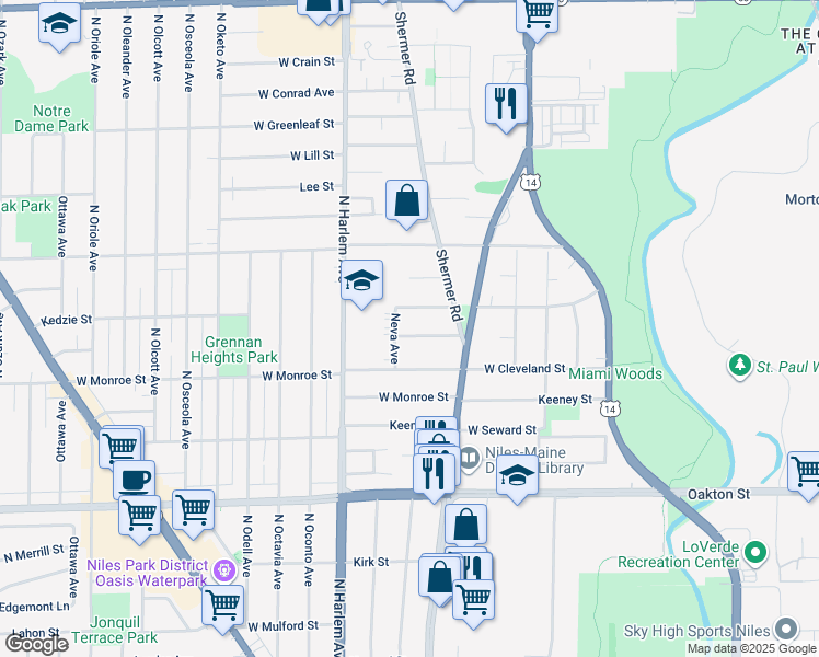 map of restaurants, bars, coffee shops, grocery stores, and more near 7065 Kedzie Street in Niles