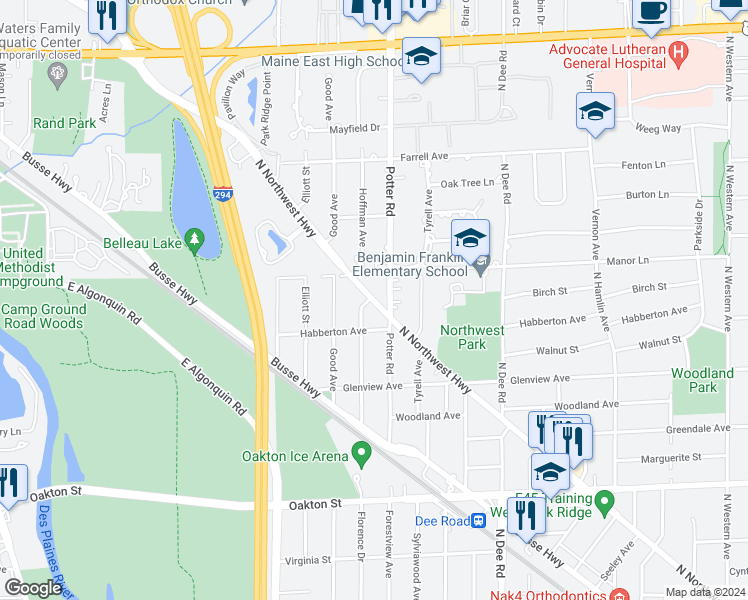 map of restaurants, bars, coffee shops, grocery stores, and more near 1327 North Northwest Highway in Park Ridge