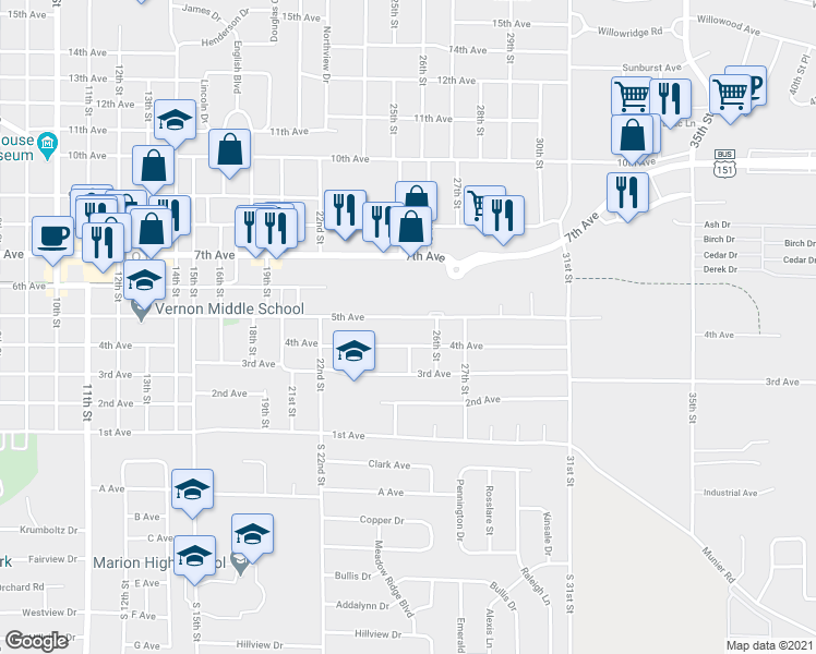map of restaurants, bars, coffee shops, grocery stores, and more near 2535 5th Avenue in Marion