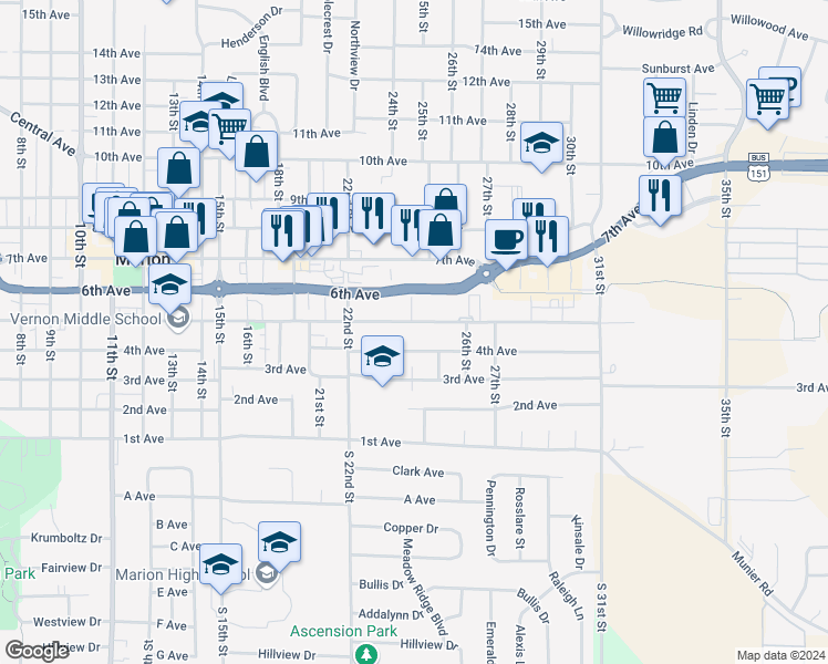 map of restaurants, bars, coffee shops, grocery stores, and more near 2442 5th Avenue in Marion