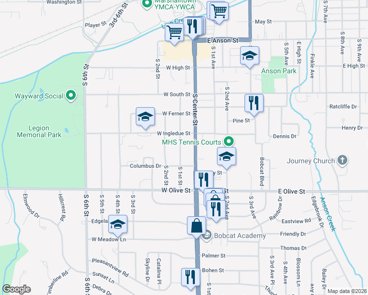 map of restaurants, bars, coffee shops, grocery stores, and more near 1407 South Center Street in Marshalltown