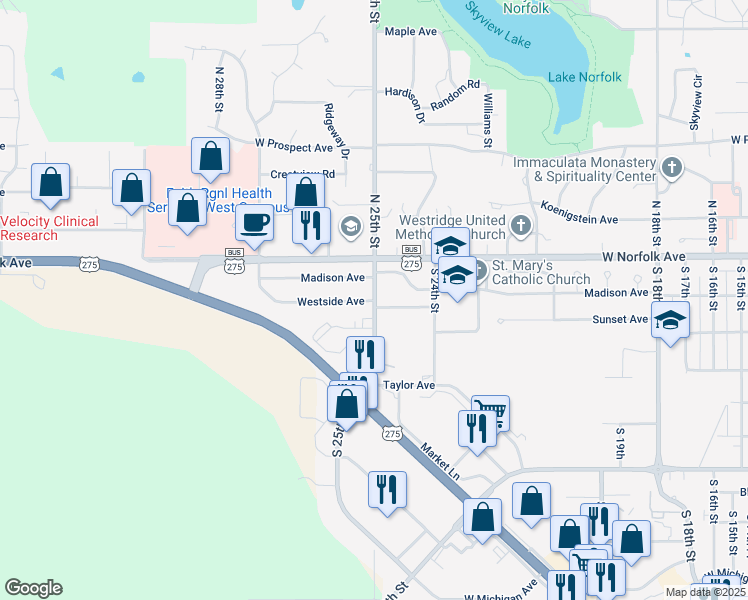 map of restaurants, bars, coffee shops, grocery stores, and more near 199 S 25th St in Norfolk