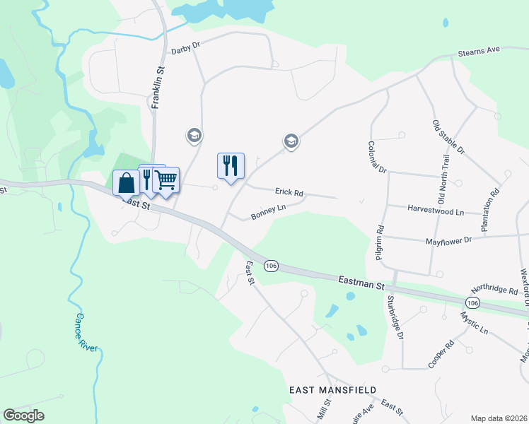 map of restaurants, bars, coffee shops, grocery stores, and more near 21 Bonney Lane in Mansfield