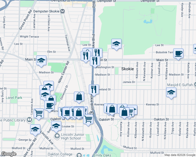 map of restaurants, bars, coffee shops, grocery stores, and more near 8255 U.S. 41 in Skokie