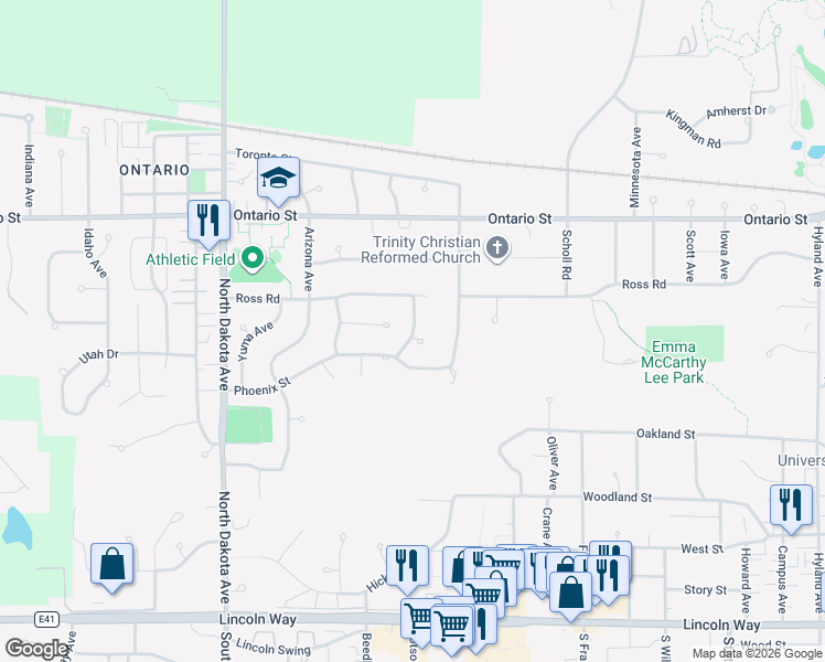 map of restaurants, bars, coffee shops, grocery stores, and more near 3903 Arkansas Drive in Ames